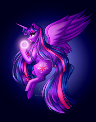 Size: 2508x3187 | Tagged: safe, artist:kaori-miyoko, twilight sparkle, alicorn, pony, g4, female, gradient background, high res, magic, mare, smiling, solo, spread wings, twilight sparkle (alicorn), wings