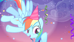 Size: 1280x720 | Tagged: safe, screencap, rainbow dash, pegasus, pony, g4, pinkie pride, season 4, confetti, cute, dashabetes, female, hat, party hat, solo