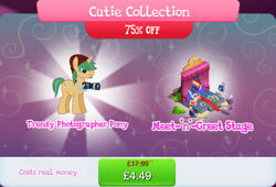 Size: 1264x858 | Tagged: safe, gameloft, coloratura, snapshot, pony, unicorn, g4, my little pony: magic princess, background character, background pony, beanie, bundle, bush, camera, costs real money, countess coloratura, curtains, cutie collection, english, facial hair, hat, horn, male, mobile game, numbers, sale, solo, stage, stallion, stubble, text