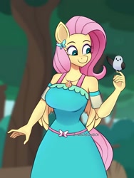 Size: 1620x2160 | Tagged: safe, artist:handgunboi, fluttershy, bird, pegasus, anthro, breasts, busty fluttershy, butterfly hairpin, clothes, dress, equestria girls outfit, female, geode of fauna, magical geodes, smiling, solo