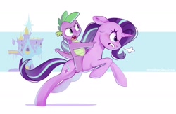 Size: 2048x1336 | Tagged: safe, artist:anotherdeadrat, spike, starlight glimmer, dragon, pony, unicorn, g4, dragons riding ponies, duo, female, male, mare, riding, running, simple background, snorting, spike riding starlight glimmer, twilight's castle, white background