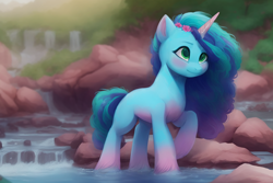 Size: 1920x1280 | Tagged: safe, ai assisted, ai content, editor:craft, generator:purplesmart.ai, generator:stable diffusion, misty brightdawn, pony, unicorn, g5, coat markings, depth of field, female, flower, flower in hair, gradient hooves, lighting, mare, pale belly, raised hoof, scenery, shading, shadow, slender, socks (coat markings), solo, thin, unshorn fetlocks