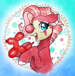 Size: 2014x2048 | Tagged: safe, artist:opalacorn, oc, oc only, earth pony, pony, balloon, balloon animal, clown, clown makeup, clown nose, earth pony oc, floppy ears, high res, hoof hold, open mouth, open smile, red nose, smiling, solo, starry eyes, wingding eyes