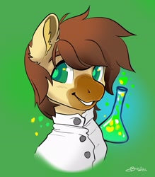 Size: 2333x2660 | Tagged: safe, artist:opalacorn, oc, oc only, oc:caspasin42, earth pony, pony, bust, clothes, ear fluff, earth pony oc, green background, grin, high res, lab coat, male, simple background, smiling, solo, stallion