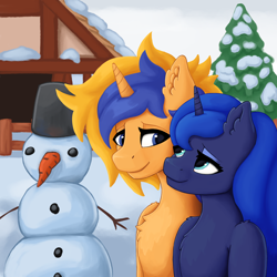 Size: 2000x2000 | Tagged: safe, artist:uuhuhuh, princess luna, oc, oc:wartex shine, alicorn, pony, g4, alicorn oc, canon x oc, couple, cute, duo, female, high res, horn, male, snow, snowman, wings, winter