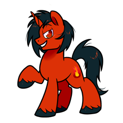 Size: 1300x1300 | Tagged: safe, artist:paperbagpony, oc, oc:inferno, pony, unicorn, 2023 community collab, derpibooru community collaboration, colored pupils, horn, raised hoof, simple background, solo, transparent background, unicorn oc, unshorn fetlocks