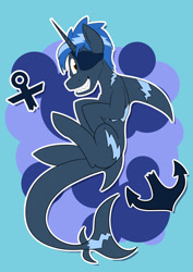 Size: 1280x1810 | Tagged: source needed, safe, artist:likeableart, oc, oc only, oc:high tide, original species, shark, shark pony, eyepatch, grin, looking at you, male, sharp teeth, smiling, solo, teeth