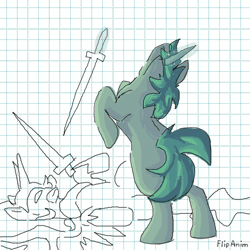 Size: 470x470 | Tagged: safe, artist:ri3ka, pony, unicorn, fight, gif, magic, non-animated gif, sketch, sword, telekinesis, weapon