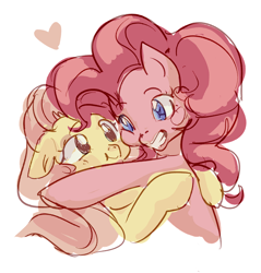 Size: 1600x1672 | Tagged: safe, artist:neexsa, fluttershy, pinkie pie, earth pony, pegasus, pony, cute, diapinkes, duo, female, floating heart, floppy ears, flutterpie, grin, heart, hug, lesbian, mare, shipping, shyabetes, smiling