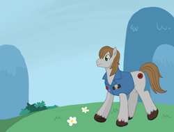 Size: 1312x997 | Tagged: safe, artist:angelicmissmarie, oc, oc only, earth pony, pony, bush, clothes, colored hooves, commission, earth pony oc, flower, male, outdoors, solo, stallion, unshorn fetlocks