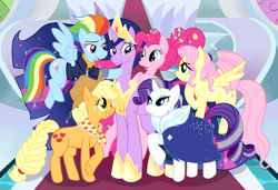 Size: 3210x2196 | Tagged: safe, artist:angelicmissmarie, applejack, fluttershy, pinkie pie, rainbow dash, rarity, twilight sparkle, alicorn, earth pony, pony, unicorn, g4, the last problem, applejack's hat, bags under eyes, blushing, clothes, cowboy hat, crossed hooves, crown, crying, dress, female, flying, freckles, granny smith's shawl, hat, high res, hoof shoes, horn, jacket, jewelry, lidded eyes, looking at each other, looking at someone, looking up, mane six, mare, older, older applejack, older fluttershy, older mane six, older pinkie pie, older rainbow dash, older rarity, older twilight, older twilight sparkle (alicorn), open mouth, open smile, peytral, princess shoes, princess twilight 2.0, raised hoof, regalia, scarf, skunk stripe, smiling, spread wings, starry eyes, tears of joy, teary eyes, twilight sparkle (alicorn), wing hole, wingding eyes, wings