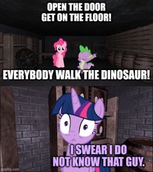 Size: 500x562 | Tagged: safe, artist:felix-kot, artist:frownfactory, artist:stinkehund, edit, pinkie pie, spike, twilight sparkle, g4, meme, pinkie pie's cupcake party, smg4, walk the dinosaur