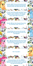 Size: 2048x4067 | Tagged: safe, gameloft, applejack, pinkie pie, rainbow dash, earth pony, pegasus, pony, g4, my little pony: magic princess, applejack's hat, cowboy hat, dialogue, dialogue box, english, event, female, hat, mare, mobile game, speech bubble, spread wings, text, wings