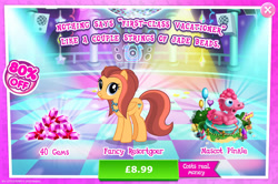 Size: 1961x1301 | Tagged: safe, gameloft, whirlwind romance, pegasus, pony, g4, my little pony: magic princess, advertisement, background character, background pony, balloon, bush, clothes, costs real money, costume, english, female, folded wings, gem, introduction card, jewelry, las pegasus resident, mare, mobile game, necklace, numbers, sale, solo, text, wings