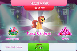 Size: 1271x855 | Tagged: safe, gameloft, whirlwind romance, pegasus, pony, g4, my little pony: magic princess, background character, background pony, balloon, bundle, bush, clothes, costs real money, costume, english, female, folded wings, gem, jewelry, las pegasus resident, mare, mobile game, necklace, numbers, sale, solo, text, wings