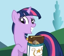 Size: 1121x985 | Tagged: safe, screencap, twilight sparkle, pony, unicorn, friendship is magic, g4, bag, book, cropped, female, grin, hub logo, logo, mare, saddle bag, smiling, solo, the hub, unicorn twilight