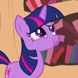 Size: 273x273 | Tagged: safe, screencap, twilight sparkle, pony, unicorn, g4, it's about time, aweeg*, cropped, golden oaks library, holding breath, puffy cheeks, solo, sweat, unicorn twilight