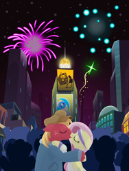 Size: 2880x3840 | Tagged: safe, alternate version, anonymous artist, big macintosh, fluttershy, rarity, earth pony, pegasus, pony, series:fm holidays, g4, cap, clothes, crowd, eyes closed, female, fireworks, floppy ears, happy new year, happy new year 2023, hat, headband, high res, holding each other, holiday, jacket, kiss on the lips, kissing, lineless, male, manehattan, mare, new year, night, rarity is a marshmallow, ship:fluttermac, shipping, stallion, straight, turtleneck