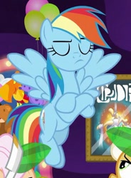 Size: 389x529 | Tagged: safe, screencap, apple rose, goldie delicious, rainbow dash, earth pony, pegasus, pony, g4, grannies gone wild, cropped, crossed hooves, eyes closed, female, flying, frown, mare, offscreen character, solo focus, spread wings, trio, wings