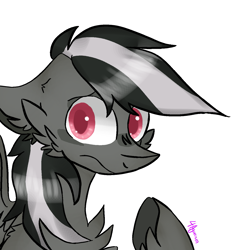 Size: 1347x1431 | Tagged: safe, artist:4agonism, derpibooru exclusive, oc, oc only, oc:gamma plague, pegasus, pony, cheek fluff, chest fluff, cute, ear fluff, ears back, eyebrows, floppy ears, frown, looking sideways, male, multicolored hair, ocbetes, partial color, pegasus oc, raised hoof, signature, simple background, solo, spread wings, stallion, unshorn fetlocks, unsure, white background, wings