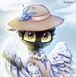 Size: 2800x2840 | Tagged: safe, artist:opal_radiance, oc, oc only, unnamed oc, griffon, cloud, eyelashes, griffon oc, hat, high res, ko-fi, looking at you, partially open wings, reward, signature, sky, smiling, smiling at you, solo, wings