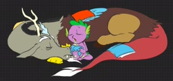 Size: 1952x910 | Tagged: safe, artist:limbteeth, artist:vilesmell, discord, spike, draconequus, dragon, g4, black background, book, checkered background, dragon wings, drool, duo, duo male, eyebrows, eyes closed, folded wings, lying down, male, nap, on back, open mouth, prone, simple background, sleeping, story included, wings