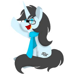 Size: 1920x1920 | Tagged: safe, artist:itzf1ker1, oc, oc only, oc:fiker, pony, unicorn, 2023 community collab, derpibooru community collaboration, clothes, glasses, hoof in air, horn, male, open mouth, open smile, scarf, simple background, sitting, smiling, solo, stallion, transparent background, unicorn oc