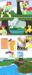 Size: 1298x3072 | Tagged: safe, artist:matchstickman, apple bloom, applejack, earth pony, anthro, plantigrade anthro, matchstickman's apple brawn series, tumblr:where the apple blossoms, g4, abs, apple, apple bloom's bow, apple brawn, apple sisters, apple tree, applebucking, applebucking thighs, applejacked, biceps, bow, breasts, busty apple bloom, busty applejack, clothes, comic, deltoids, dialogue, duo, female, fingerless gloves, gloves, hair bow, lake, mare, muscles, muscular female, older, older apple bloom, onomatopoeia, shorts, siblings, sisters, speech bubble, splash, sweet apple acres, thighs, thunder thighs, tree, tumblr comic, water