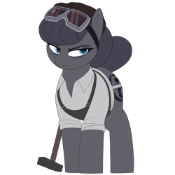 Size: 1200x1200 | Tagged: safe, artist:nording, oc, oc only, oc:ekaterina daerleng, earth pony, pony, 2023 community collab, derpibooru community collaboration, clothes, earth pony oc, female, goggles, goggles on head, hammer, hat, mare, shirt, simple background, solo, transparent background