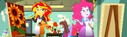 Size: 3672x1080 | Tagged: safe, composite screencap, edit, edited screencap, screencap, apple bloom, aqua blossom, pinkie pie, sunset shimmer, velvet sky, watermelody, wiz kid, human, eqg summertime shorts, equestria girls, g4, the art of friendship, apron, beret, boots, bowtie, bust, clothes, craft, easel, flower, hat, jacket, leather, leather jacket, paint, paintbrush, painting, sculpture, shoes, skirt, sunflower, sunset's painting