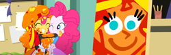Size: 3338x1080 | Tagged: safe, composite screencap, edit, edited screencap, screencap, pinkie pie, sunset shimmer, human, equestria girls, g4, my little pony equestria girls: summertime shorts, the art of friendship, apron, clothes, hug, jacket, leather, leather jacket, paint, painting, pinkie's portrait, skirt, smiling