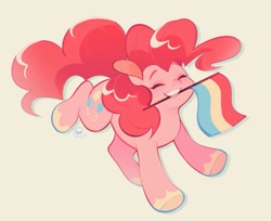 Size: 2239x1831 | Tagged: safe, artist:couriercats, pinkie pie, earth pony, pony, g4, colored hooves, eyes closed, female, flag, hooves, mouth hold, pansexual pride flag, pride, pride flag, running, simple background, smiling, solo, tan background, teeth