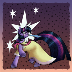 Size: 3000x3000 | Tagged: safe, artist:marhafka, twilight sparkle, pony, unicorn, sweet and elite, abstract background, birthday dress, clothes, dress, female, mare, one eye closed, party horn, smiling, solo, unicorn twilight, wink