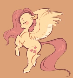 Size: 697x745 | Tagged: safe, artist:couriercats, fluttershy, pegasus, pony, g4, 2018, bipedal, blushing, brown background, eyes closed, female, side view, simple background, smiling, solo