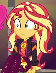 Size: 437x575 | Tagged: safe, screencap, pinkie pie, sunset shimmer, human, equestria girls, equestria girls specials, g4, my little pony equestria girls: better together, my little pony equestria girls: sunset's backstage pass, cropped, female, music festival outfit, solo focus