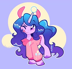 Size: 2186x2106 | Tagged: safe, artist:couriercats, izzy moonbow, pony, unicorn, g5, ;p, ball, blue hair, blushing, clothes, cute, cutie mark on clothes, eye clipping through hair, eyebrows, eyebrows visible through hair, female, high res, horn, hornball, izzy's tennis ball, izzybetes, mare, one eye closed, pinkie pie's cutie mark, signature, smiling, smirk, solo, tennis ball, the new pinkie pie, tongue out, wink