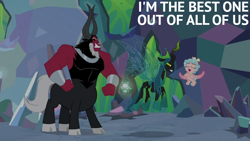 Size: 1920x1080 | Tagged: safe, edit, edited screencap, editor:quoterific, screencap, cozy glow, lord tirek, queen chrysalis, alicorn, centaur, changeling, changeling queen, pony, taur, g4, the ending of the end, alicornified, angry, bell, boasting, cozycorn, eyes closed, female, filly, flying, foal, freckles, gritted teeth, grogar's bell, male, open mouth, open smile, queen chrysalis is not amused, race swap, smiling, teeth, tirek is not amused, trio, ultimate chrysalis, unamused