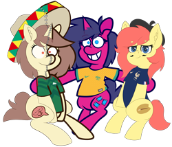 Size: 4432x3792 | Tagged: safe, artist:threetwotwo32232, artist:yelowcrom, oc, oc only, oc:brushie, oc:fizzy pop, oc:hymyt, earth pony, pony, unicorn, 2023 community collab, derpibooru community collaboration, beret, earth pony oc, female, hat, horn, mare, simple background, sombrero, transparent background, trio, unicorn oc