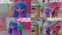 Size: 4400x2475 | Tagged: safe, edit, edited screencap, editor:quoterific, screencap, hitch trailblazer, izzy moonbow, pipp petals, sparky sparkeroni, sunny starscout, zipp storm, dragon, earth pony, pegasus, pony, unicorn, g5, izzy does it, my little pony: make your mark, my little pony: make your mark chapter 2, spoiler:my little pony: make your mark, spoiler:my little pony: make your mark chapter 2, spoiler:mymc02e01, abbreviation, acronym, baby, baby dragon, bag, blaze (coat marking), cellphone, coat markings, confused, dragons riding ponies, facial markings, female, fluttershy's cutie mark, flying, grin, headband, jewelry, male, mane five, mane stripe sunny, mare, note, open mouth, open smile, pale belly, phone, regalia, riding, saddle bag, smartphone, smiling, sparky riding izzy moonbow, stallion, twilight sparkle's cutie mark