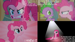 Size: 4400x2475 | Tagged: safe, edit, edited screencap, editor:quoterific, screencap, pinkie pie, spike, dragon, earth pony, pony, g4, party of one, abstract background, confident, duo, duo male and female, exact words, female, frown, grin, gritted teeth, literal, male, open mouth, pinkamena diane pie, pinkie pie is not amused, sad, smiling, teeth, unamused