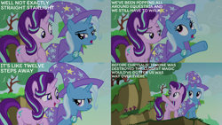 Size: 4400x2475 | Tagged: safe, edit, edited screencap, editor:quoterific, screencap, starlight glimmer, trixie, pony, unicorn, g4, to change a changeling, cape, clothes, duo, duo female, female, frown, hat, implied chrysalis, mare, open mouth, open smile, pointing, smiling, trixie's brooch, trixie's cape, trixie's hat