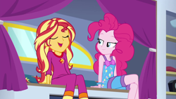 Size: 1920x1080 | Tagged: safe, screencap, pinkie pie, sunset shimmer, human, equestria girls, equestria girls specials, g4, my little pony equestria girls: better together, my little pony equestria girls: sunset's backstage pass, bare shoulders, best friends, bowtie, clothes, duo, eyes closed, grin, lidded eyes, nightgown, open mouth, open smile, pajamas, shorts, sitting, sleeveless, smiling, talking, wristband