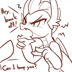 Size: 2400x2400 | Tagged: safe, artist:maren, smolder, dragon, pony, g4, 2019, angry, boop, dialogue, doodle, female, high res, monochrome, offscreen character, old art, open mouth, smoldere, tsundere