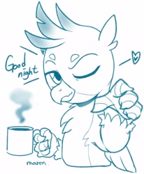 Size: 3700x4495 | Tagged: safe, artist:maren, gallus, griffon, g4, 2020, absurd resolution, bust, cup, handsome, heart, looking at you, male, monochrome, old art, one eye closed, pointing, pointing at you, solo, wavy mouth, wink