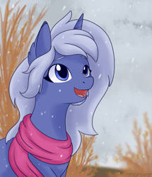 Size: 775x900 | Tagged: safe, artist:maravor, oc, oc only, pony, unicorn, clothes, female, horn, open mouth, scarf, snow, snowfall, solo, unicorn oc