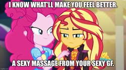 Size: 893x499 | Tagged: safe, edit, edited screencap, screencap, pinkie pie, sunset shimmer, human, equestria girls, equestria girls specials, g4, my little pony equestria girls: better together, my little pony equestria girls: sunset's backstage pass, caption, female, image macro, lesbian, ship:sunsetpie, shipping, text