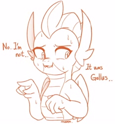 Size: 3157x3393 | Tagged: safe, artist:maren, smolder, dragon, g4, 2020, blatant lies, bust, dialogue, doodle, embarrassed, female, high res, monochrome, old art, pointing, simple background, solo, sweat, white background