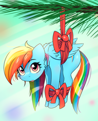 Size: 1612x2008 | Tagged: safe, artist:alcor, rainbow dash, pegasus, pony, g4, bound wings, christmas, christmas tree, cute, dashabetes, gift wrapped, holiday, open mouth, ribbon, solo, suspended, tied up, tiny, tiny ponies, tree, wings