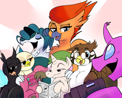 Size: 3000x2400 | Tagged: safe, artist:klondike, oc, oc only, oc:basin, oc:maxilla, oc:mimesis, changedling, changeling, dragon, griffon, hippogriff, pony, unicorn, my little pony: tails of equestria, dragon oc, group, high res, hippogriff oc, non-pony oc