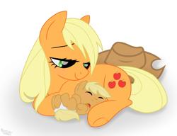 Size: 2231x1709 | Tagged: safe, artist:frostedsketch13, artist:selenaede, applejack, oc, oc:applecrisp, pony, g4, base used, female, foal, mommajack, mother and child, offspring, parent:applejack, solo